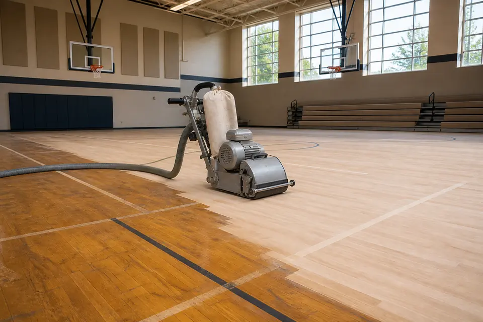 Professional floor sander on a gymnasium hardwood court