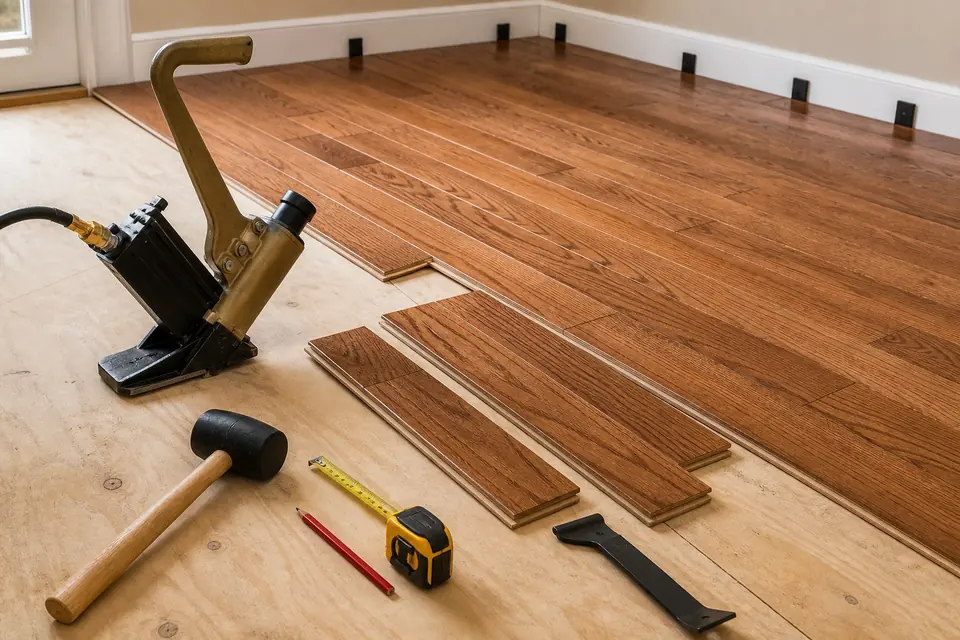 Hardwood flooring installation with professional tools