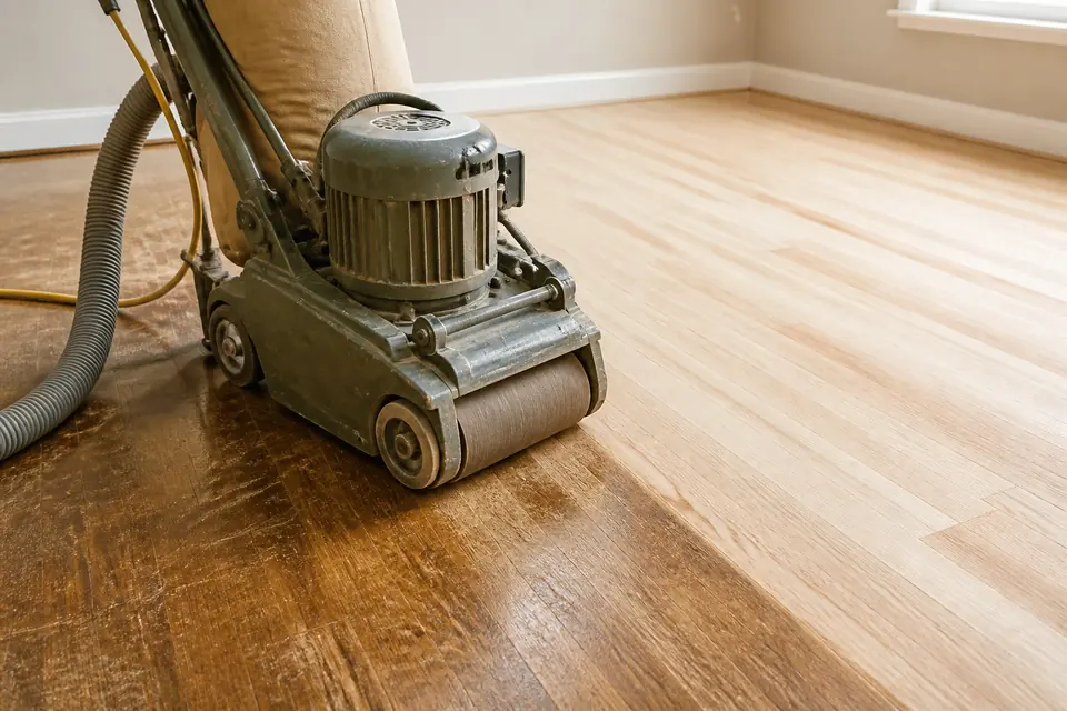 Professional floor sander beside freshly sanded hardwood
